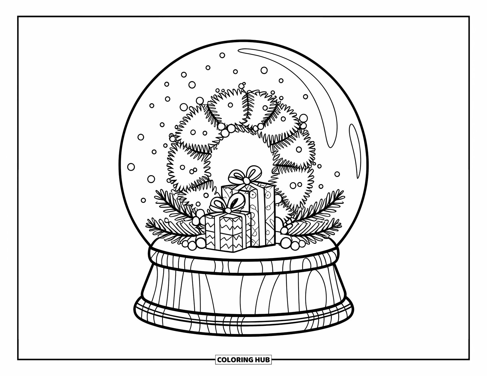 Christmas Snow Globe Coloring Page for Kids: A wreath with presents inside a snow globe on a wooden base