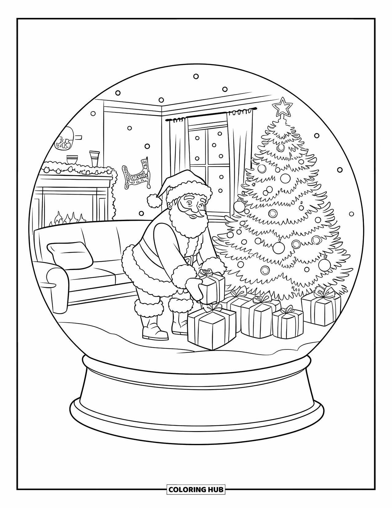 Christmas Snow Globe Coloring Page for Kids: Santa putting gifts under a tree in a snowy room snow globe