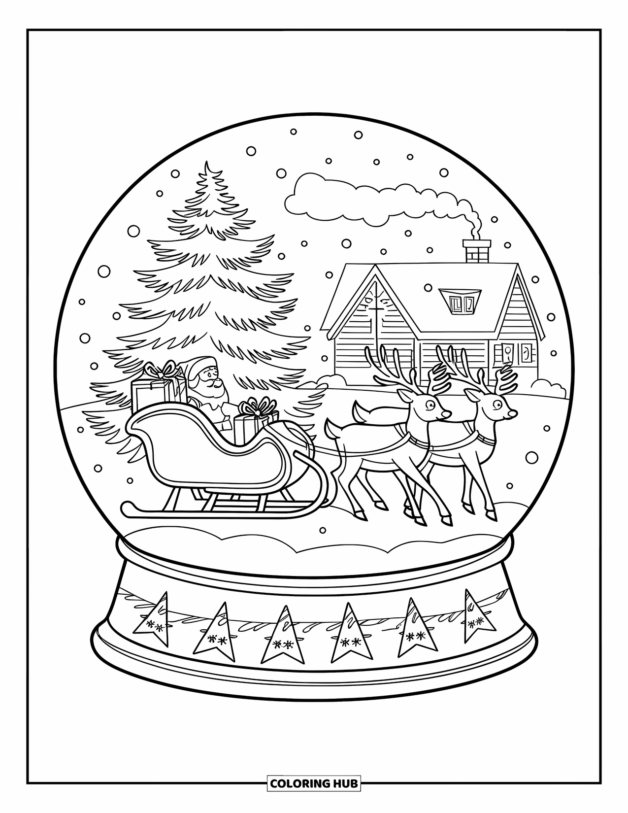 Christmas Snow Globe Coloring Page for Kids: Santa's sleigh with presents and chimney smoke inside a snowy snow globe