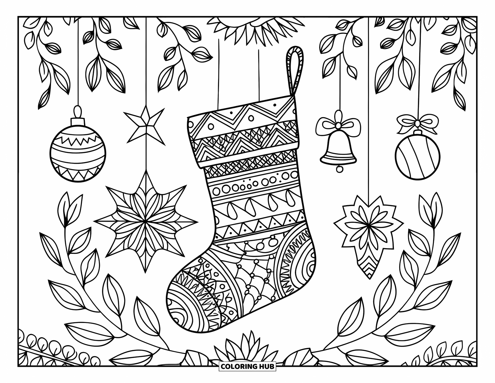 Christmas Stocking Coloring Page for Adults: A bold stocking with ornaments, leaves, and flowers