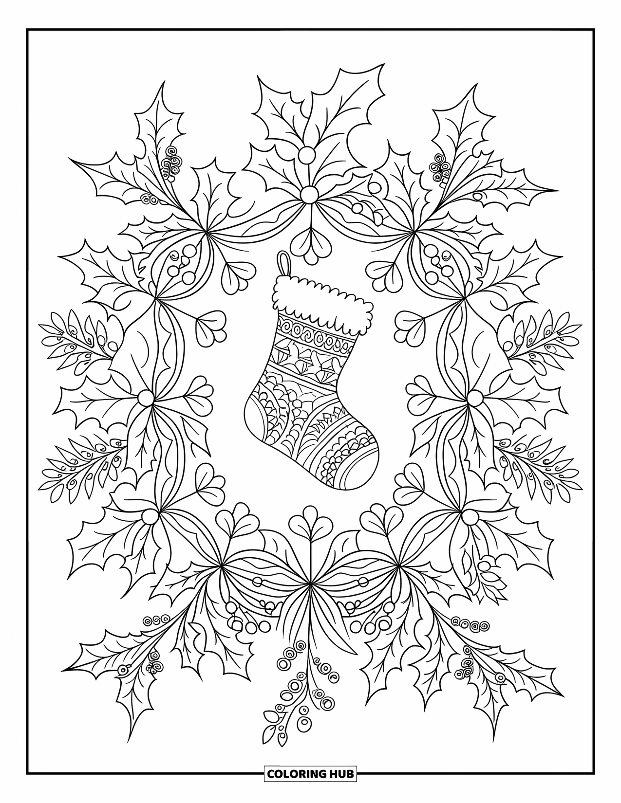 Christmas Stocking Coloring Page for Adults: A Christmas stocking centered in a holly and mistletoe mandala