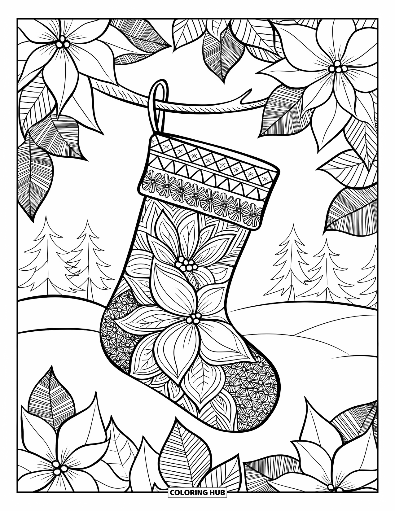 Christmas Stocking Coloring Page for Adults: A detailed stocking framed by poinsettia petals and pinecones