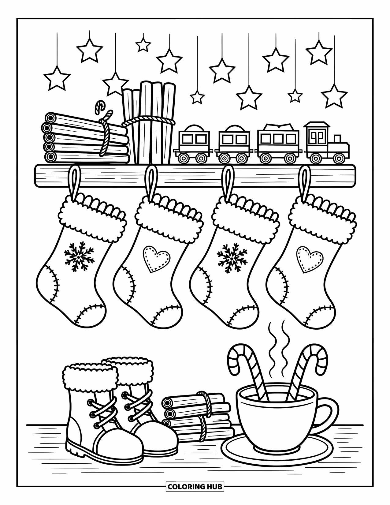 Christmas Stocking Coloring Page for Adults: A festive stocking leans on a sled beside a snowy mailbox