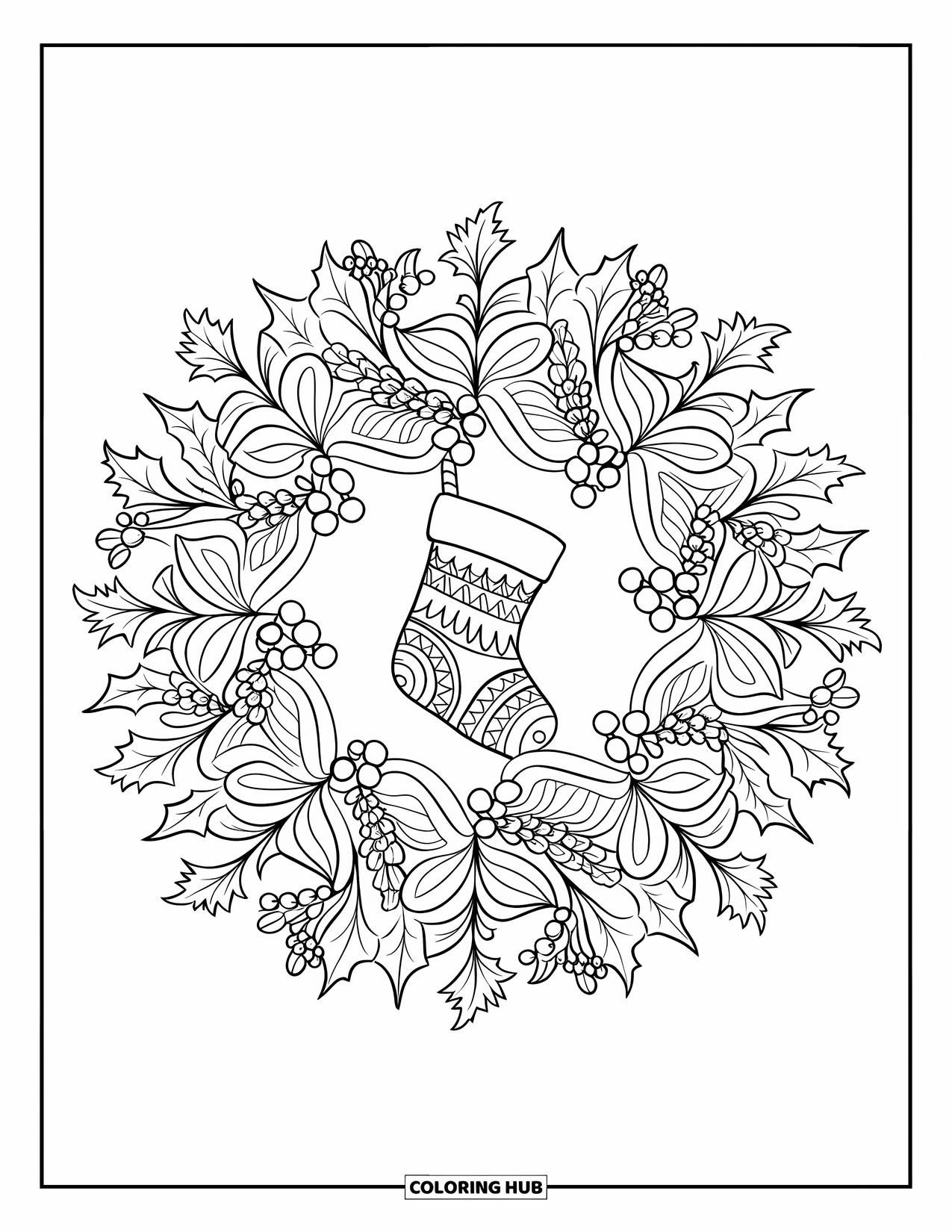 Christmas Stocking Coloring Page for Adults: A holly and mistletoe mandala with a stocking in the center
