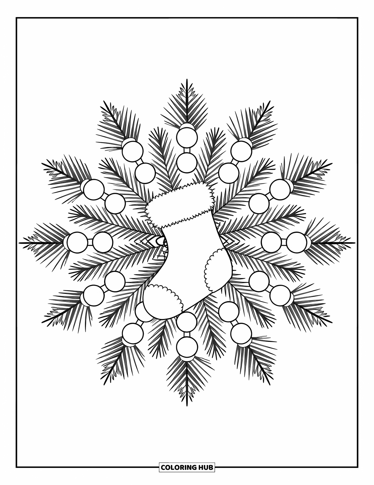 Christmas Stocking Coloring Page for Adults: A mandala of pine branches and baubles with a stocking center