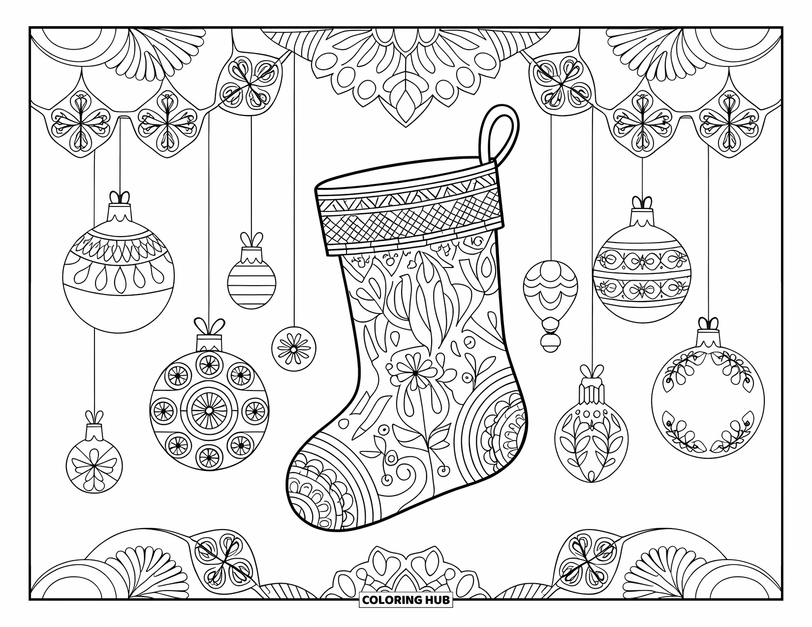 Christmas Stocking Coloring Page for Adults: A patterned stocking surrounded by ornaments and botanical lacework