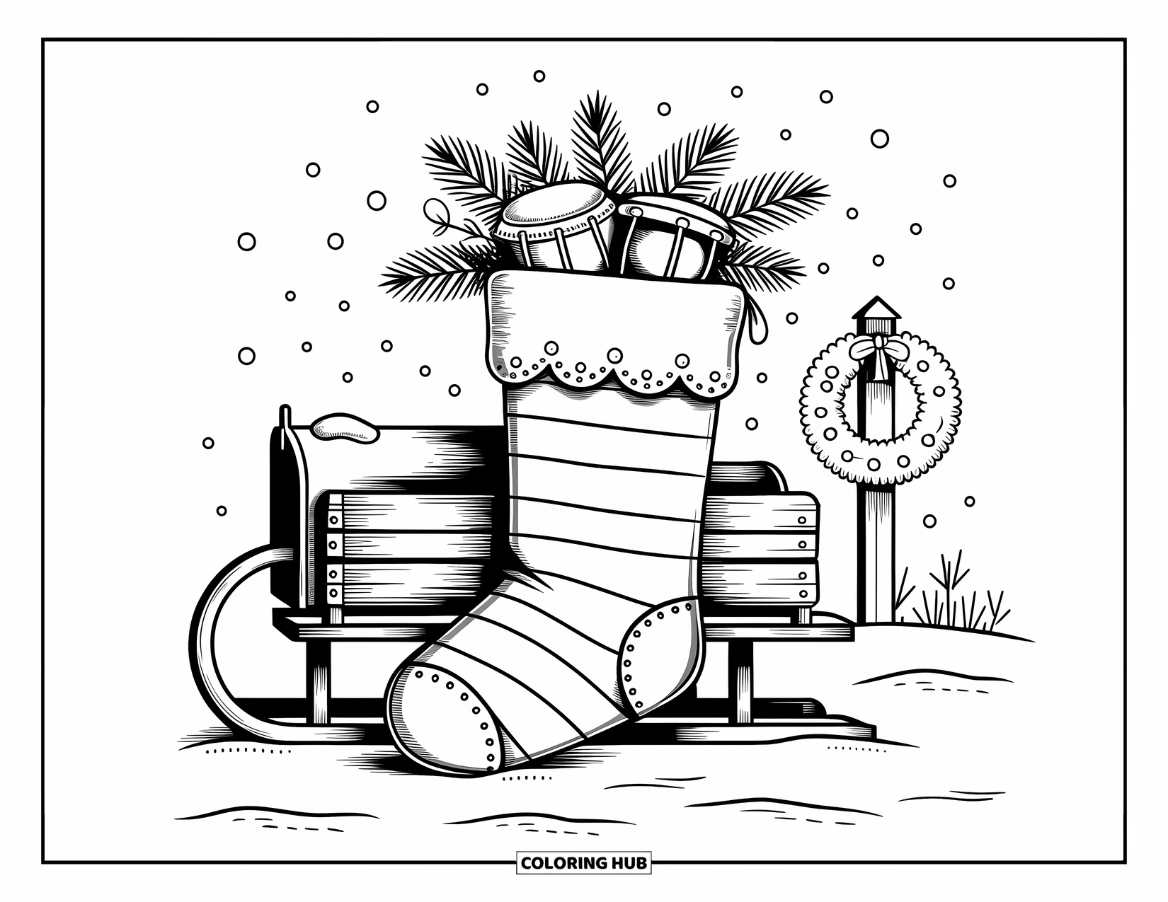 Christmas Stocking Coloring Page for Adults: A round table with stockings, treats, and a jar of pens