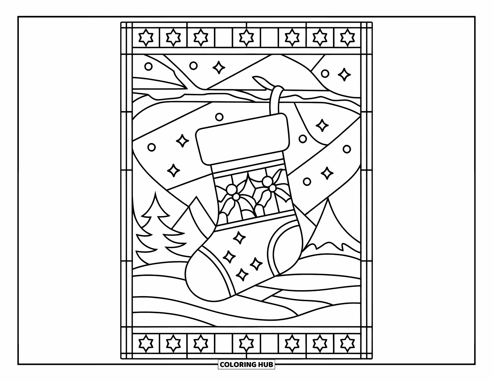 Christmas Stocking Coloring Page for Adults: A stocking bordered by stained glass stars and holly in a snowy scene
