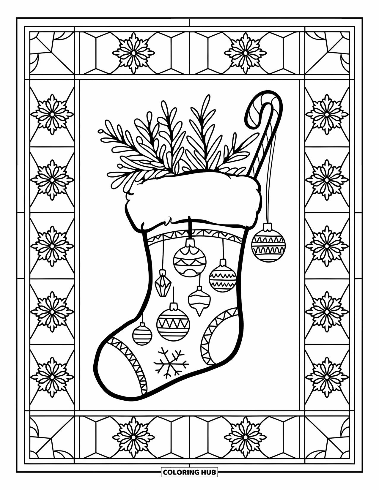 Christmas Stocking Coloring Page for Adults: A stocking filled with ornaments framed by snowflake stained glass