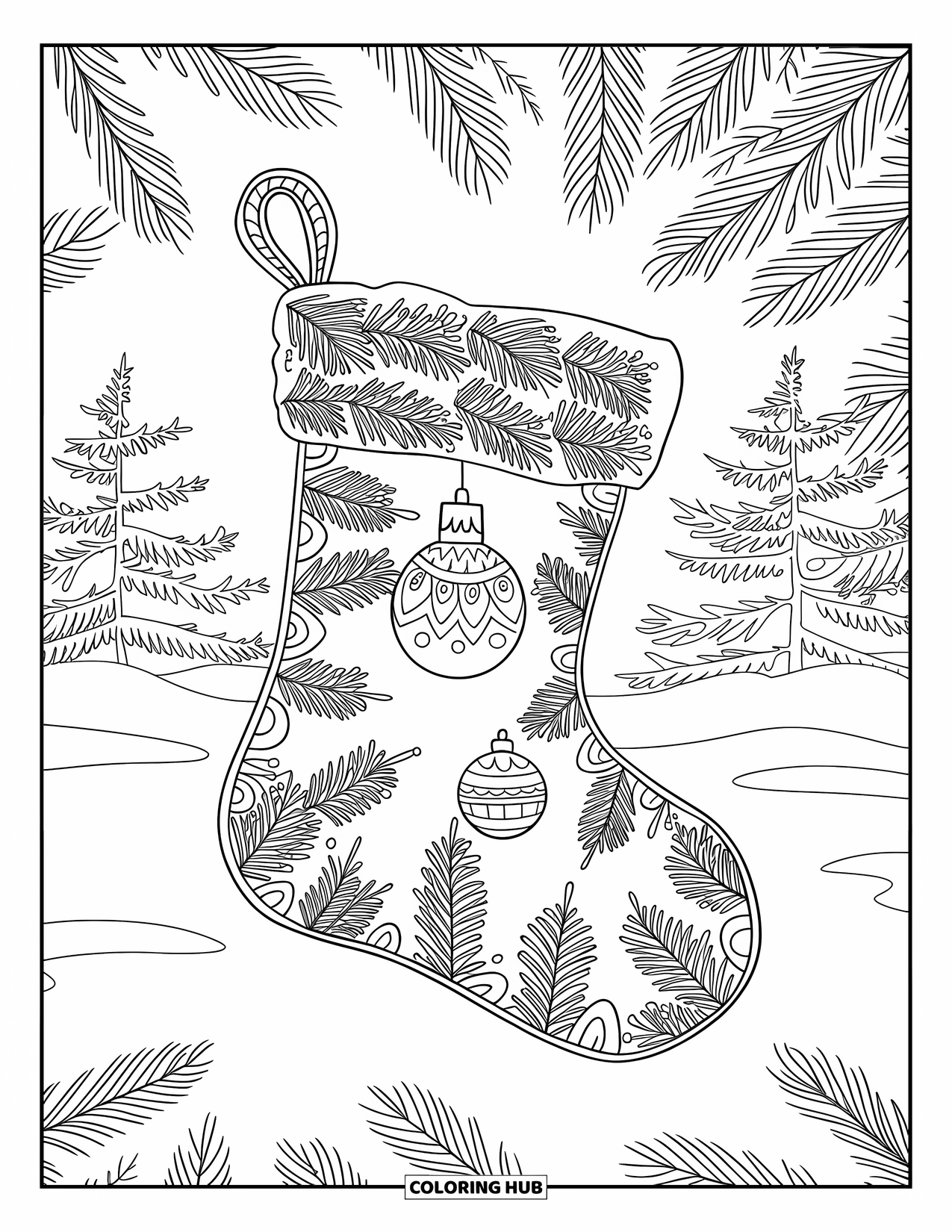 Christmas Stocking Coloring Page for Adults: A stocking framed by a pine mandala in a snowy winter scene