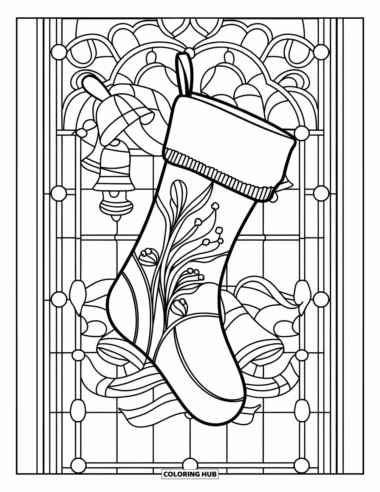 Christmas Stocking Coloring Page for Adults: A stocking near a stained glass window with bells and ribbons