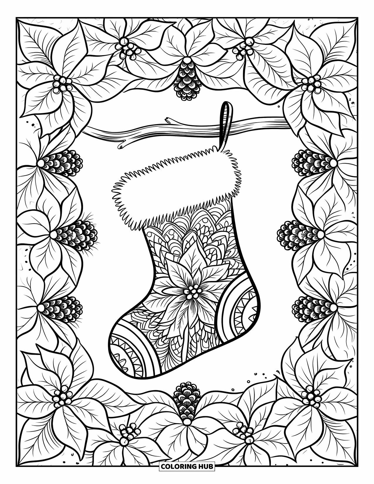 Christmas Stocking Coloring Page for Adults: A stocking on a branch surrounded by poinsettia and pinecone patterns