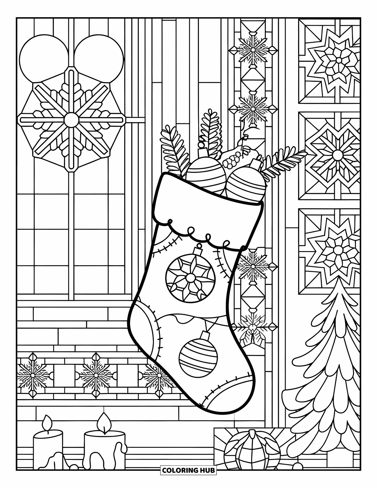 Christmas Stocking Coloring Page for Adults: A stocking with ornaments near a window and snowflake panels