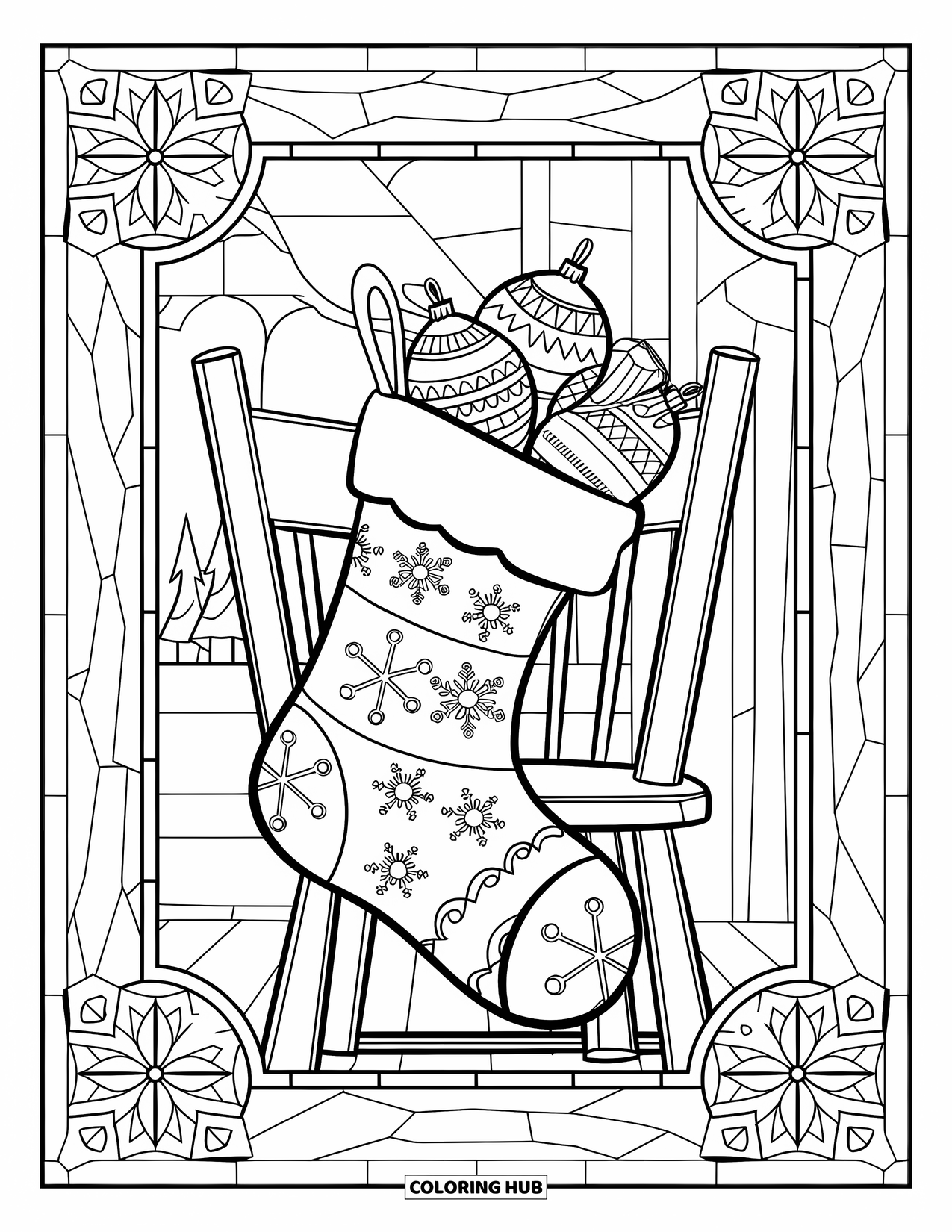 Christmas Stocking Coloring Page for Adults: A stocking with ornaments over a chair framed by snowflake panels