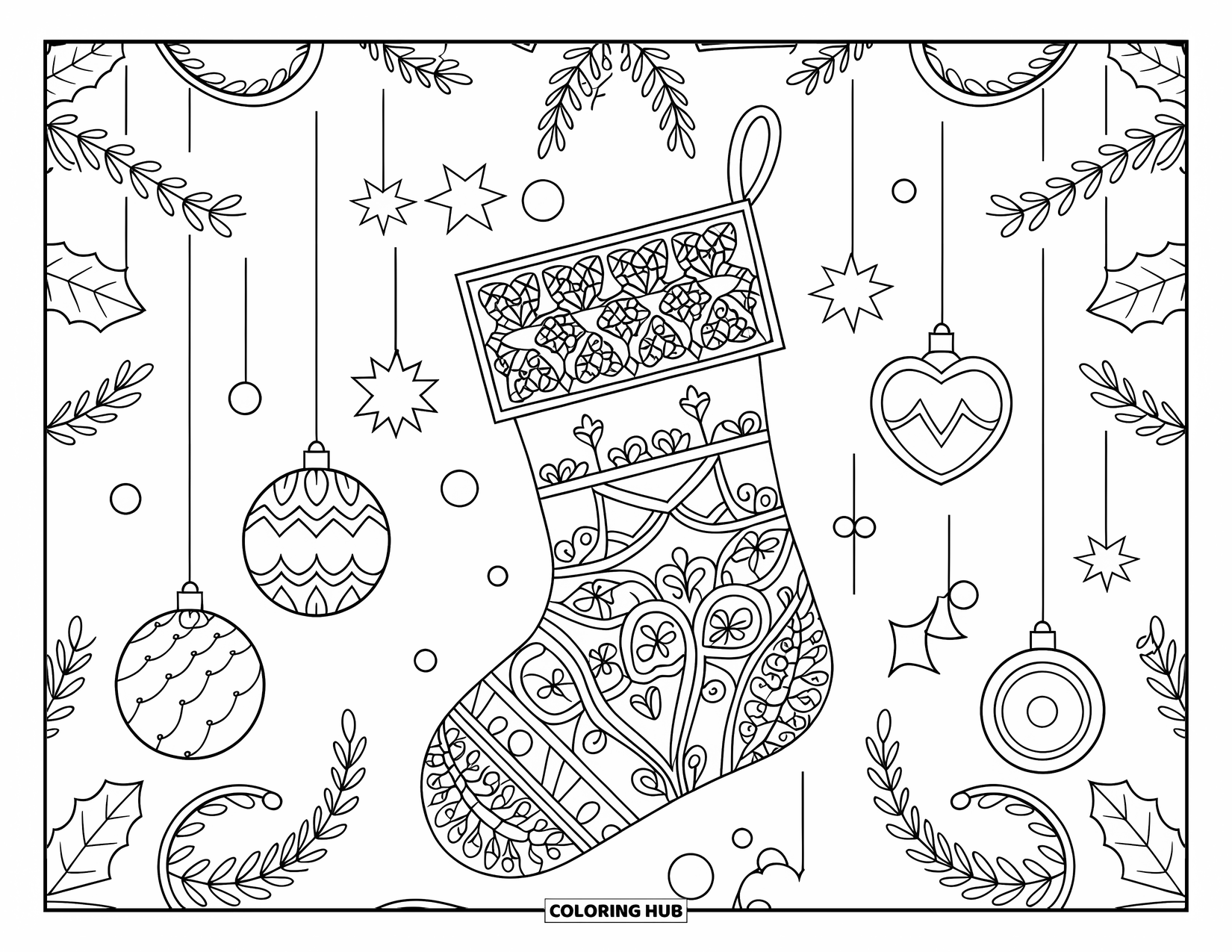 Christmas Stocking Coloring Page for Adults: A stocking with vine patterns, stars, and botanical lacework