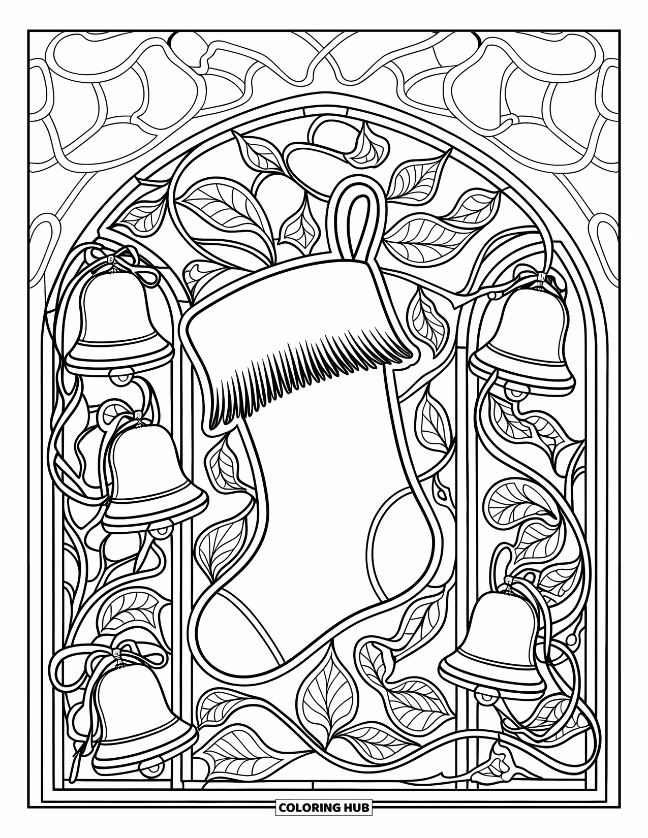 Christmas Stocking Coloring Page for Adults: An elegant stocking on a hook with ribbons and stained glass