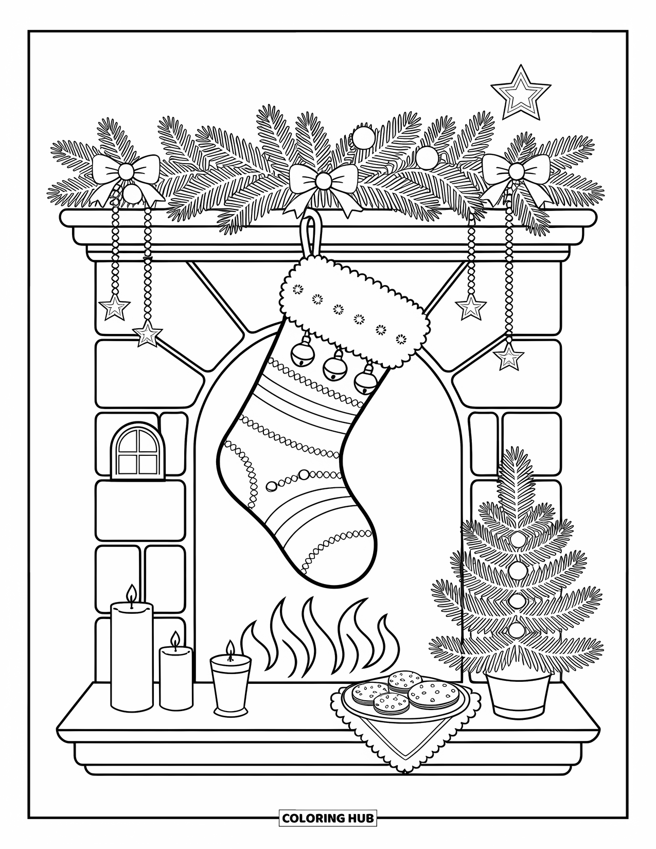 Christmas Stocking Coloring Page for Adults: Festive stockings with candy canes and toys under a pine garland