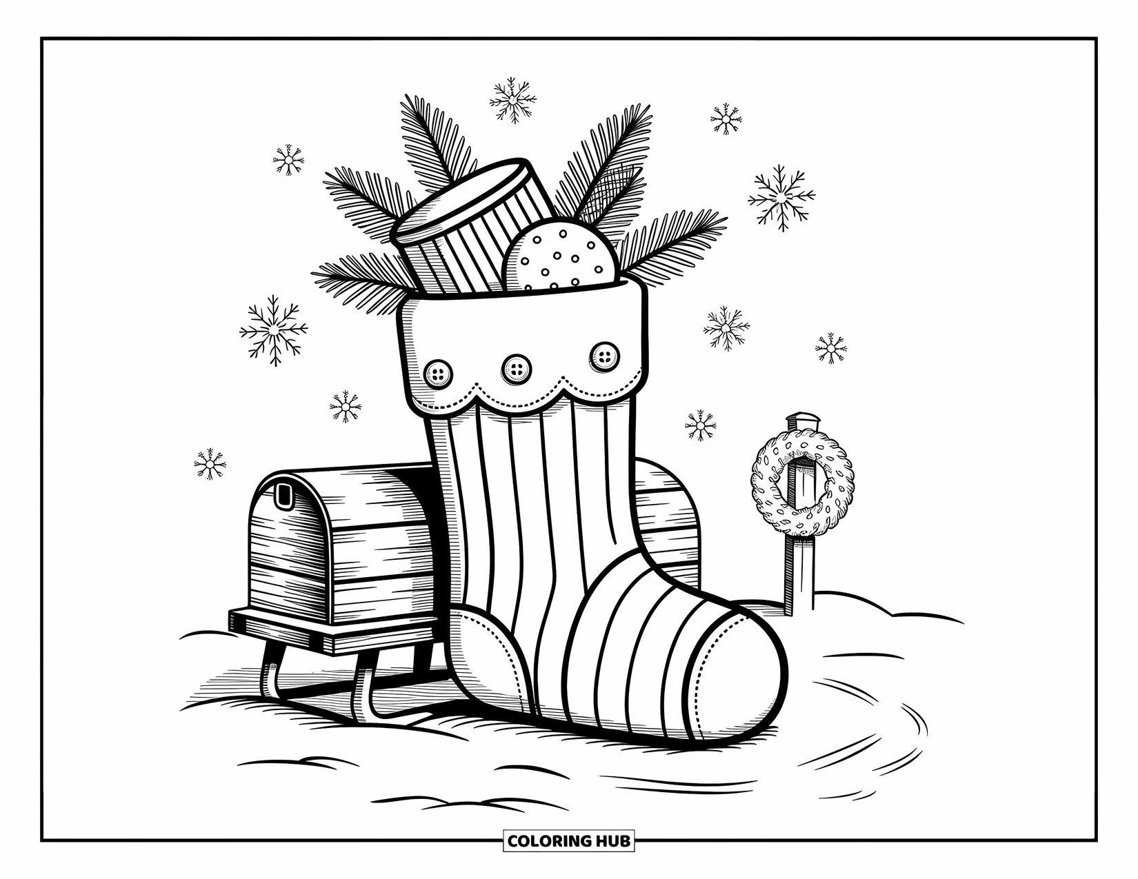 Christmas Stocking Coloring Page for Adults: Five stockings on a table with treats, tags, and a festive jar