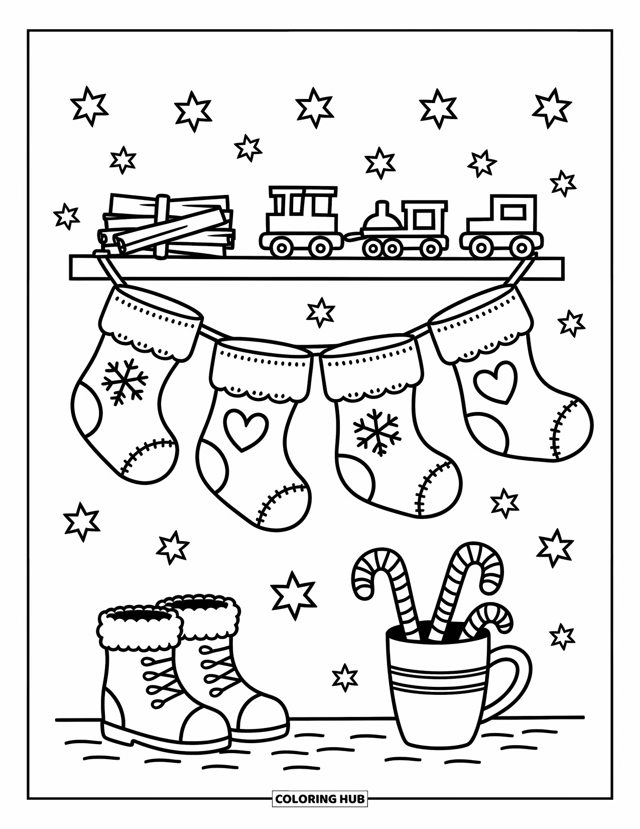 Christmas Stocking Coloring Page for Adults: Oversized stocking on a sled with pine, toys, and a cookie tin