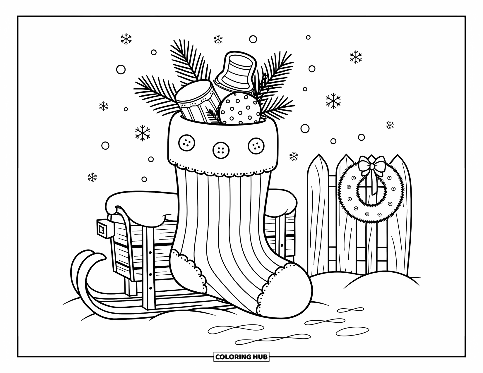 Christmas Stocking Coloring Page for Adults: Stockings and holiday treats arranged around a cozy table