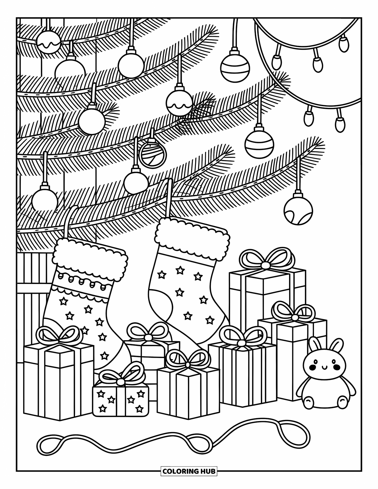 Christmas Stocking Coloring Page for Adults: Stockings by a frosty window with gifts, lights, and a blanket