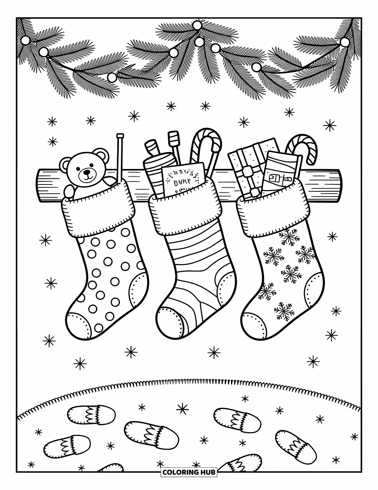 Christmas Stocking Coloring Page for Adults: Three stockings clipped to a wooden ladder with pine branches and gifts