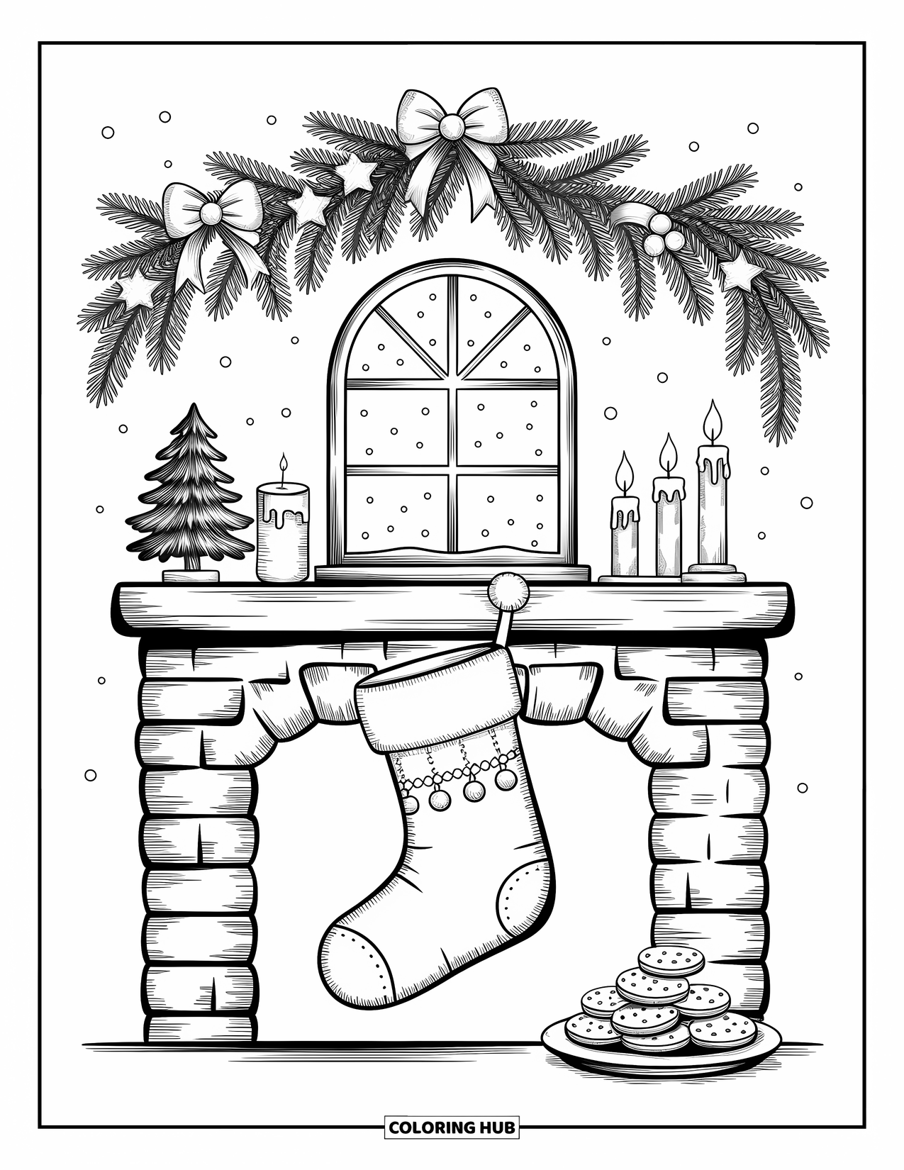 Christmas Stocking Coloring Page for Adults: Three stockings with polka dots, stripes, and snowflakes filled with treats