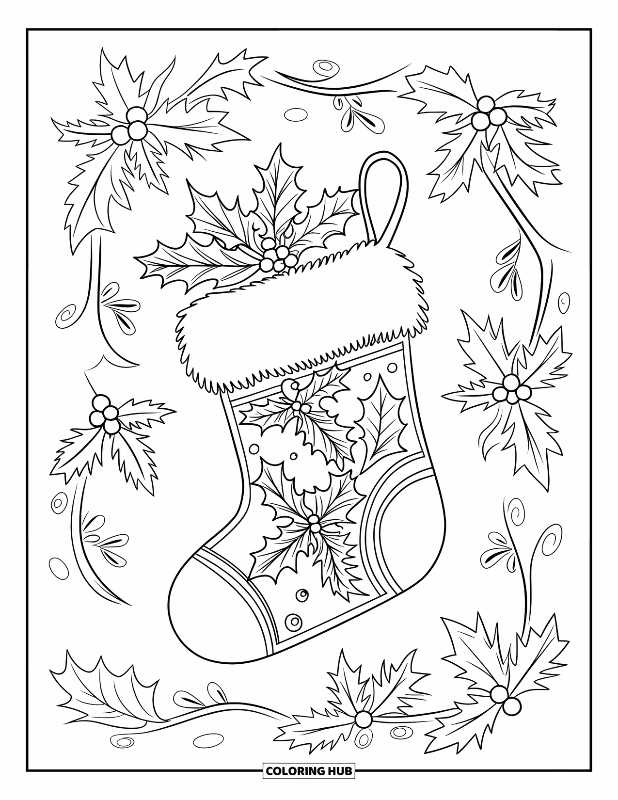 Christmas Stocking Coloring Page for Kids: A Christmas stocking decorated with holly and mistletoe swirls