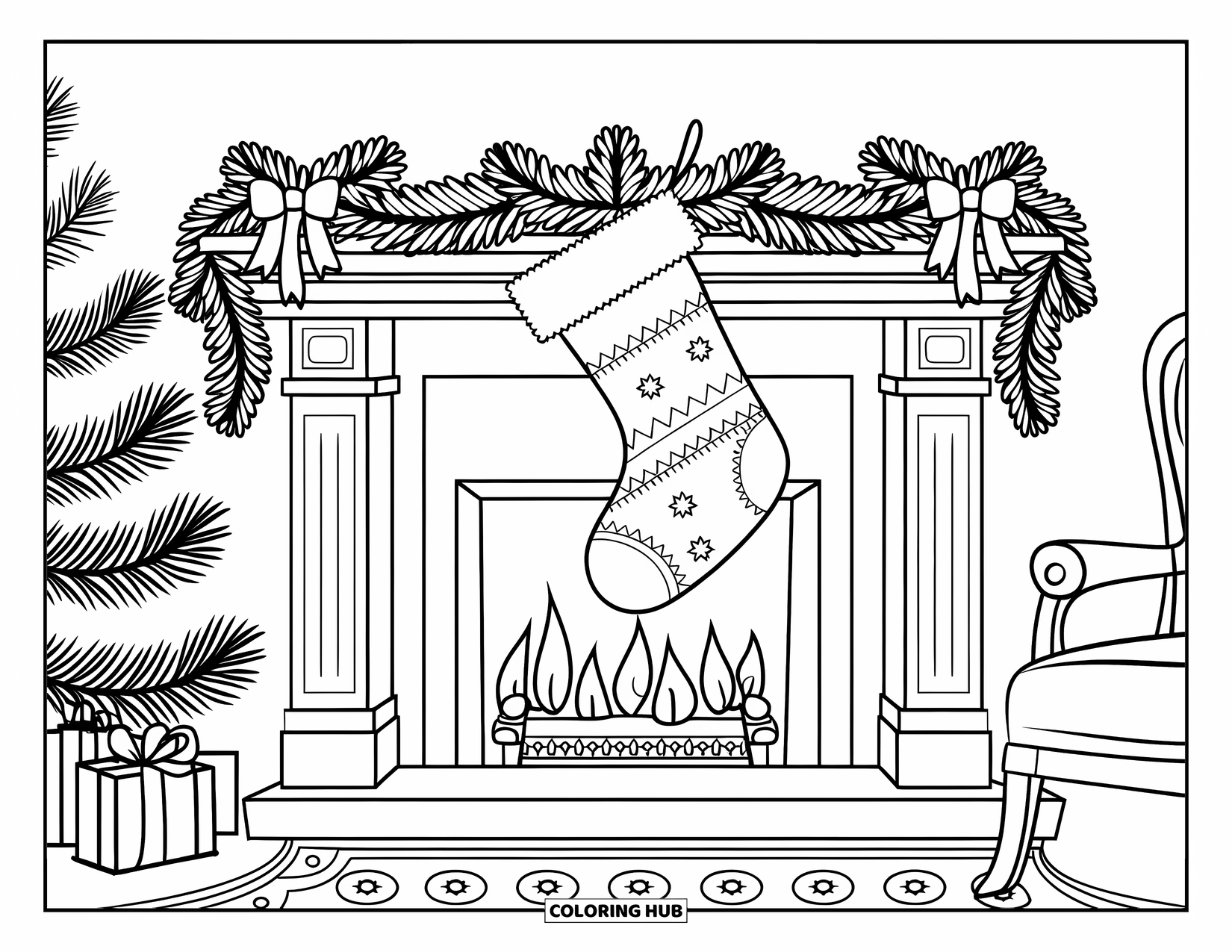 Christmas Stocking Coloring Page for Kids: A decorated fireplace with stockings and a Christmas tree beside it