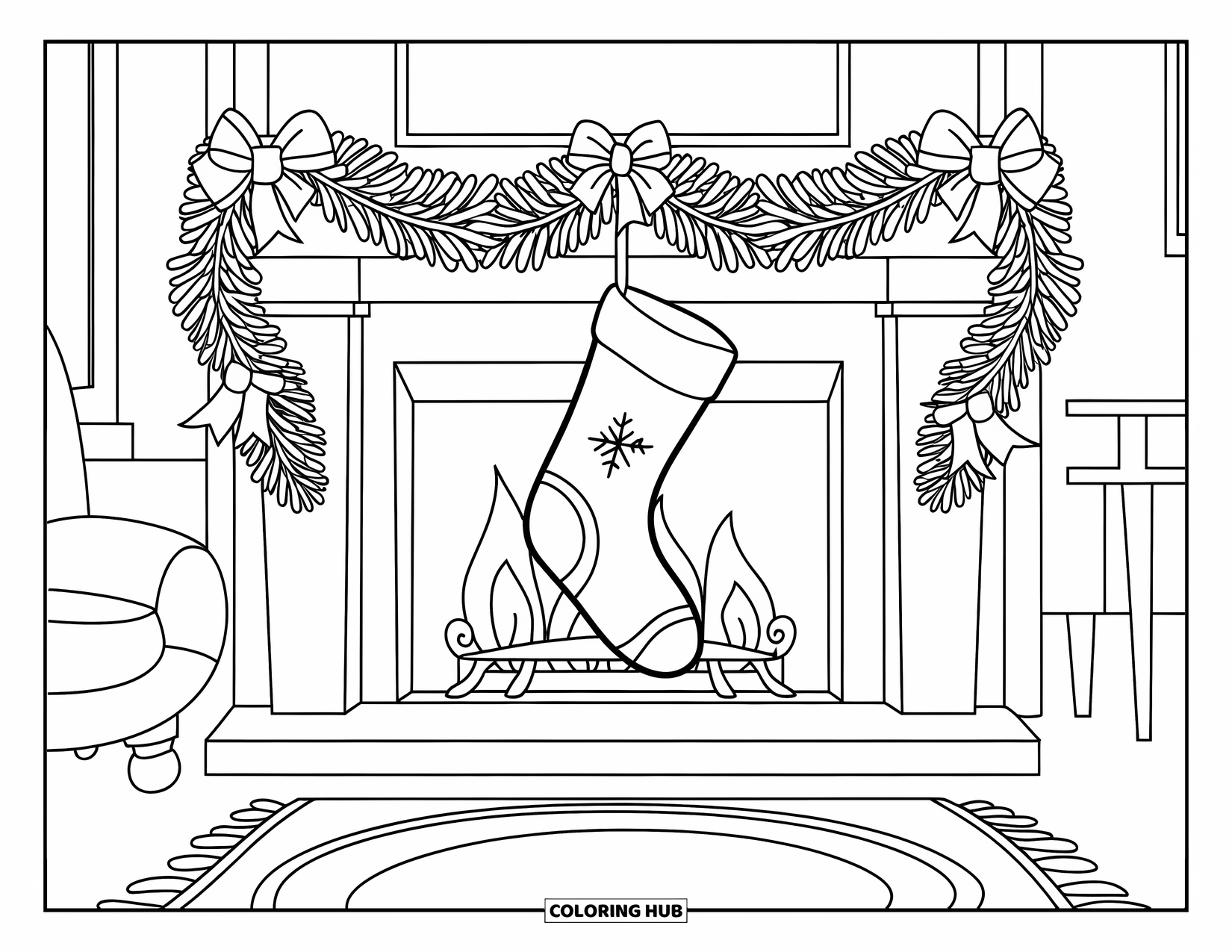 Christmas Stocking Coloring Page for Kids: A decorated fireplace with stockings in a cozy living room