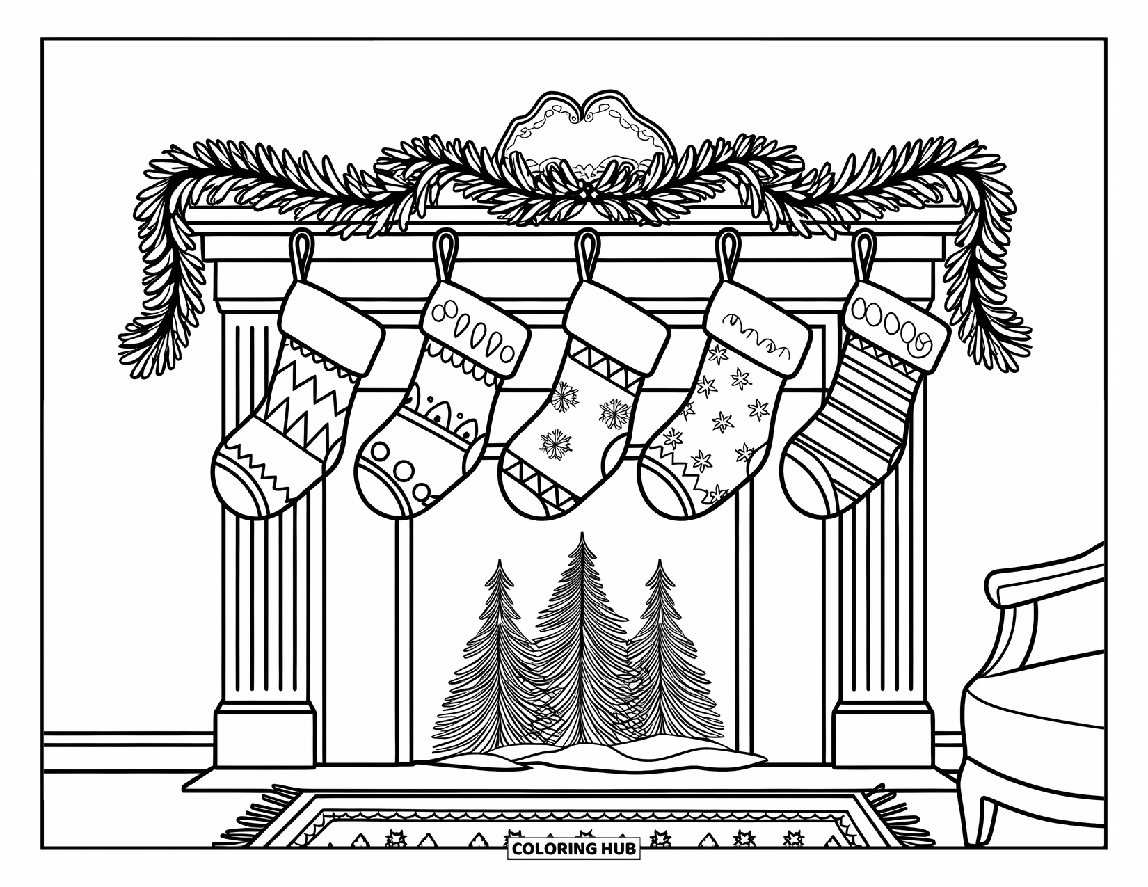 Christmas Stocking Coloring Page for Kids: A festive fireplace with stockings, garlands, and a cozy rug