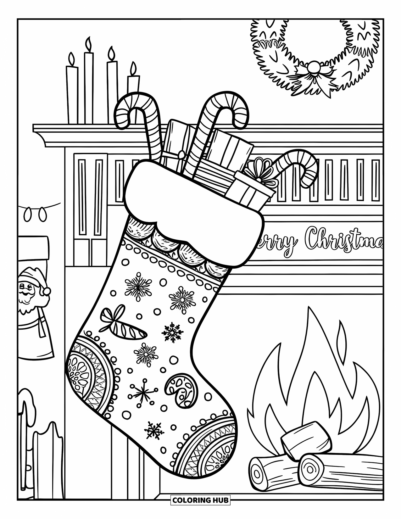 Christmas Stocking Coloring Page for Kids: A filled stocking hangs above a fireplace with candles and wreath