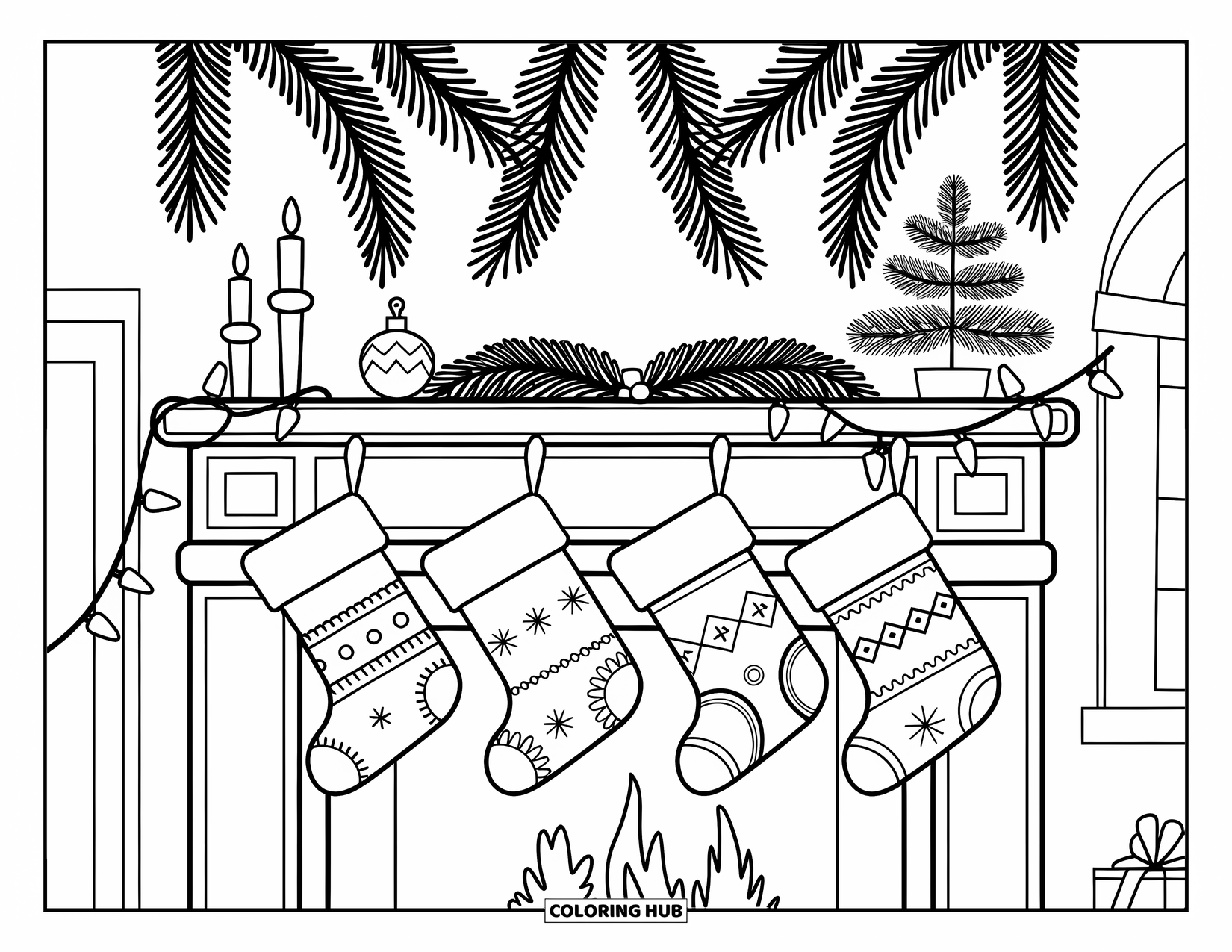 Christmas Stocking Coloring Page for Kids: A glowing fireplace with stockings, garlands, and twinkling Christmas lights