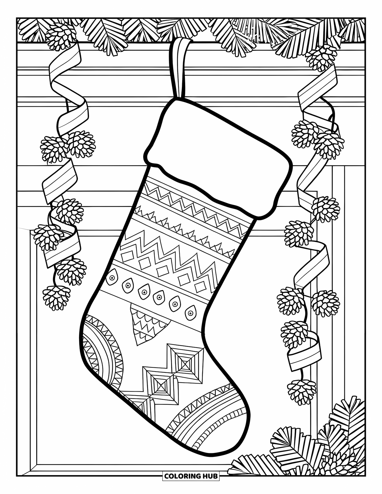 Christmas Stocking Coloring Page for Kids: A large stocking with ribbons and pinecones hangs near a fireplace