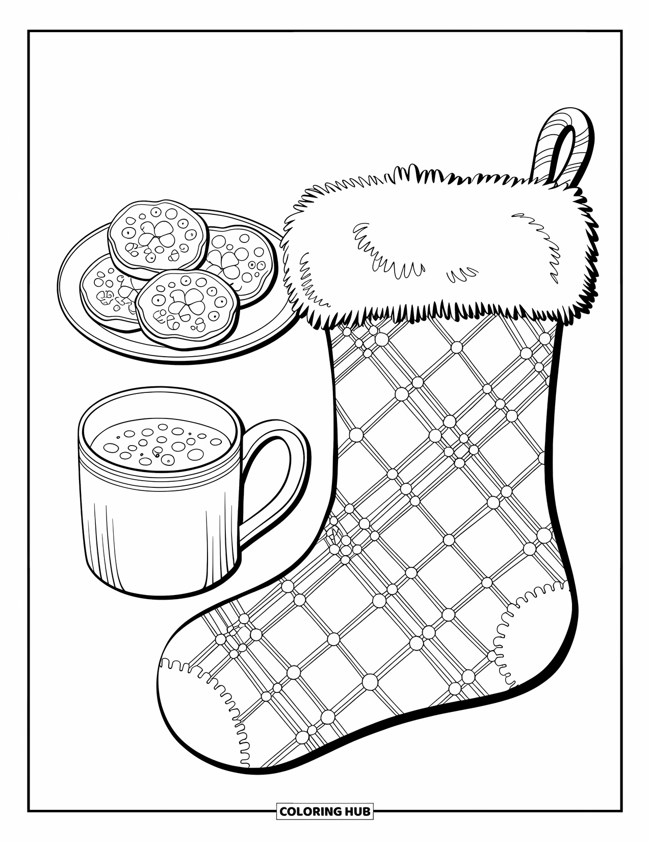 Christmas Stocking Coloring Page for Kids: A plaid stocking rests beside a mug of cocoa and cookies