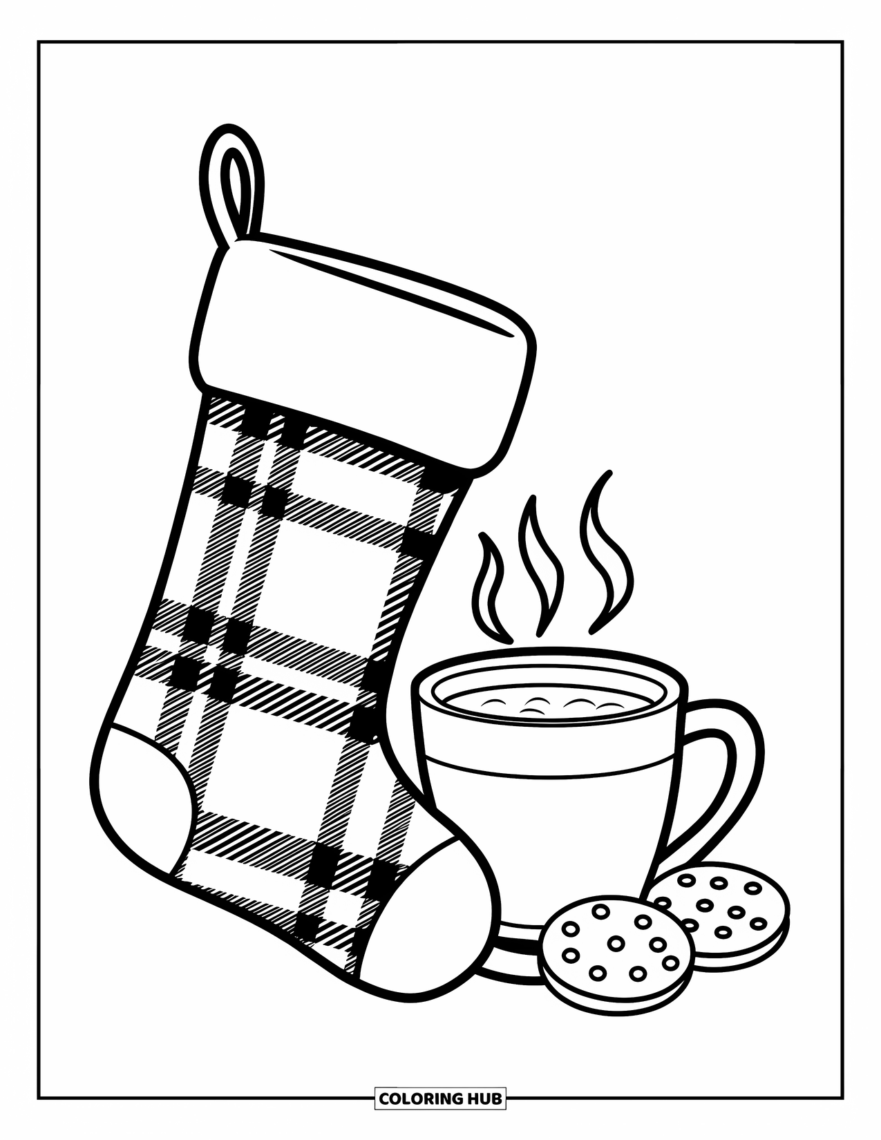 Christmas Stocking Coloring Page for Kids: A plaid stocking rests beside cocoa and cookies