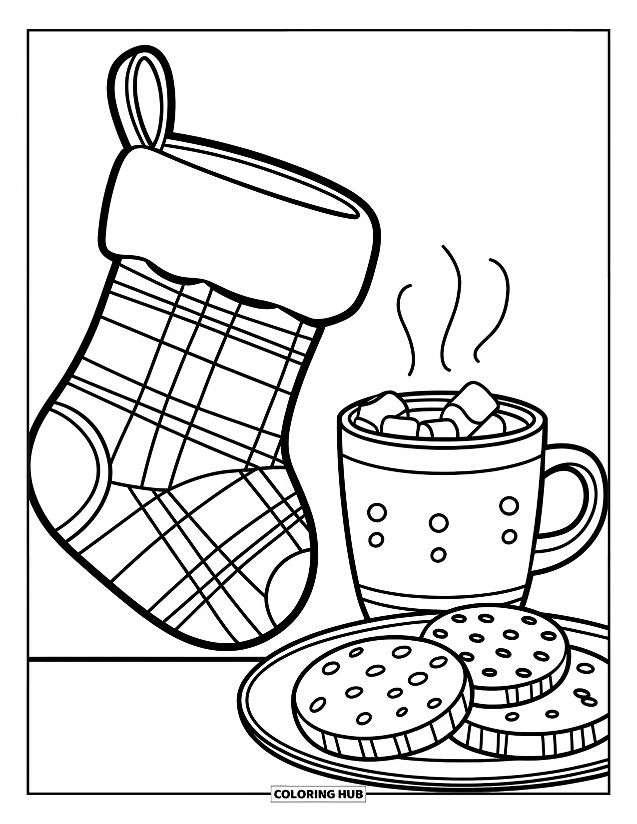 Christmas Stocking Coloring Page for Kids: A plaid stocking sits with cocoa and cookies on a plate