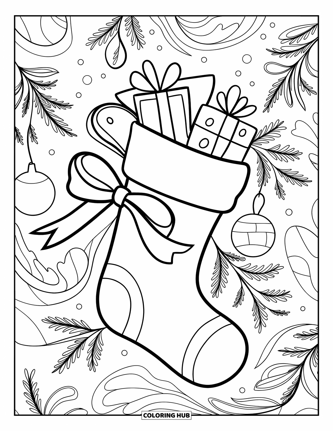Christmas Stocking Coloring Page for Kids: A ribbon-tied stocking filled with gifts rests among holly swirls