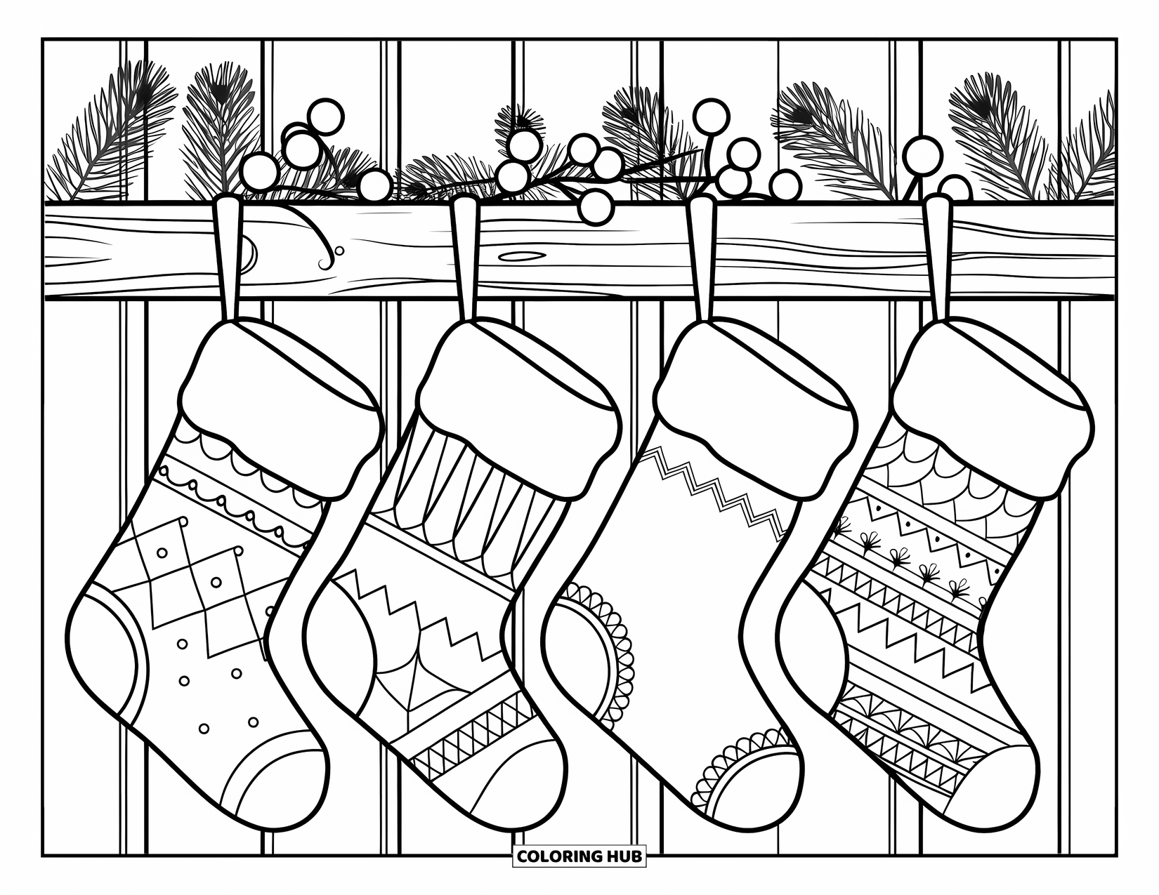 Christmas Stocking Coloring Page for Kids: A rustic beam holds stockings surrounded by pine and berries