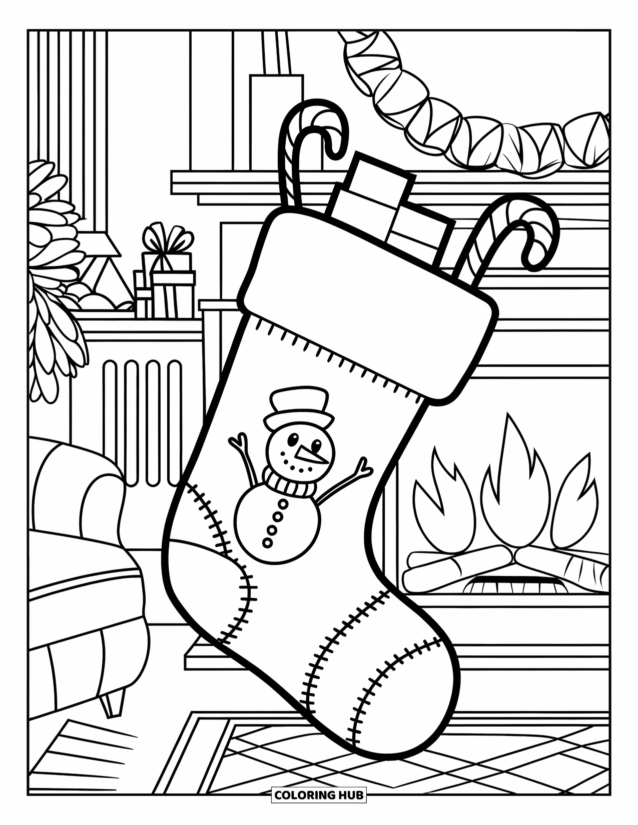 Christmas Stocking Coloring Page for Kids: A snowman stocking with candy canes hangs on a fireplace mantel