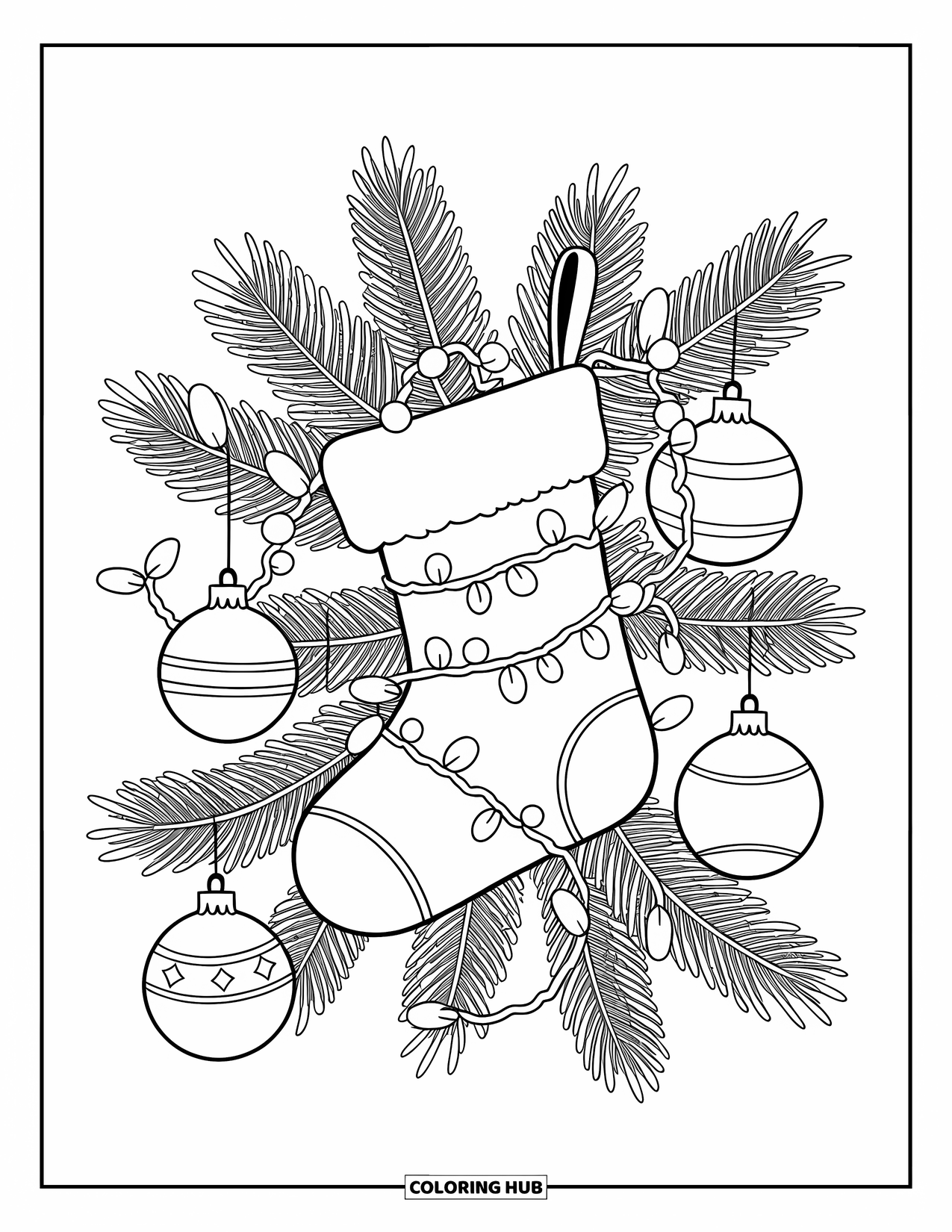 Christmas Stocking Coloring Page for Kids: A stocking among pine branches and berries with lights wrapped around
