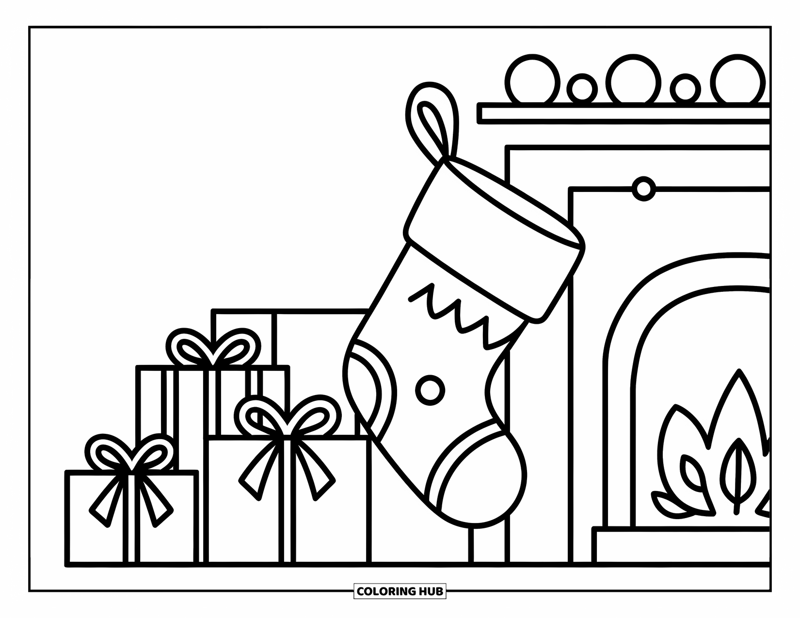 Christmas Stocking Coloring Page for Kids: A stocking and gifts sit by a fireplace decorated with bows