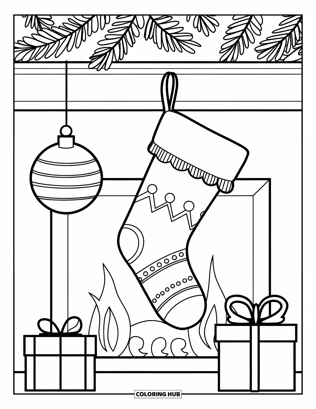 Christmas Stocking Coloring Page for Kids: A stocking and ornament hang above a fireplace with gifts