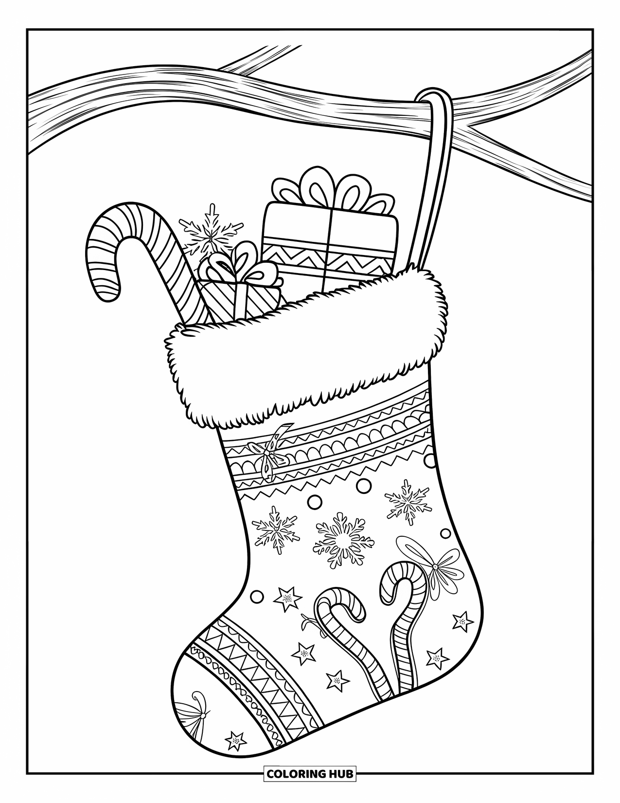 Christmas Stocking Coloring Page for Kids: A stocking filled with candy canes and gifts hangs from a branch