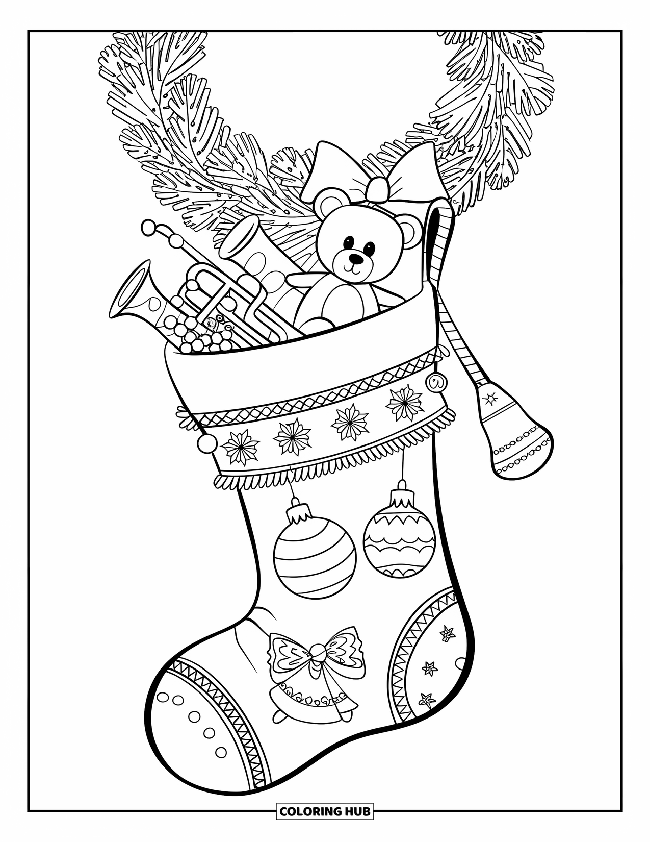 Christmas Stocking Coloring Page for Kids: A stocking filled with toys and ornaments hangs on a wall
