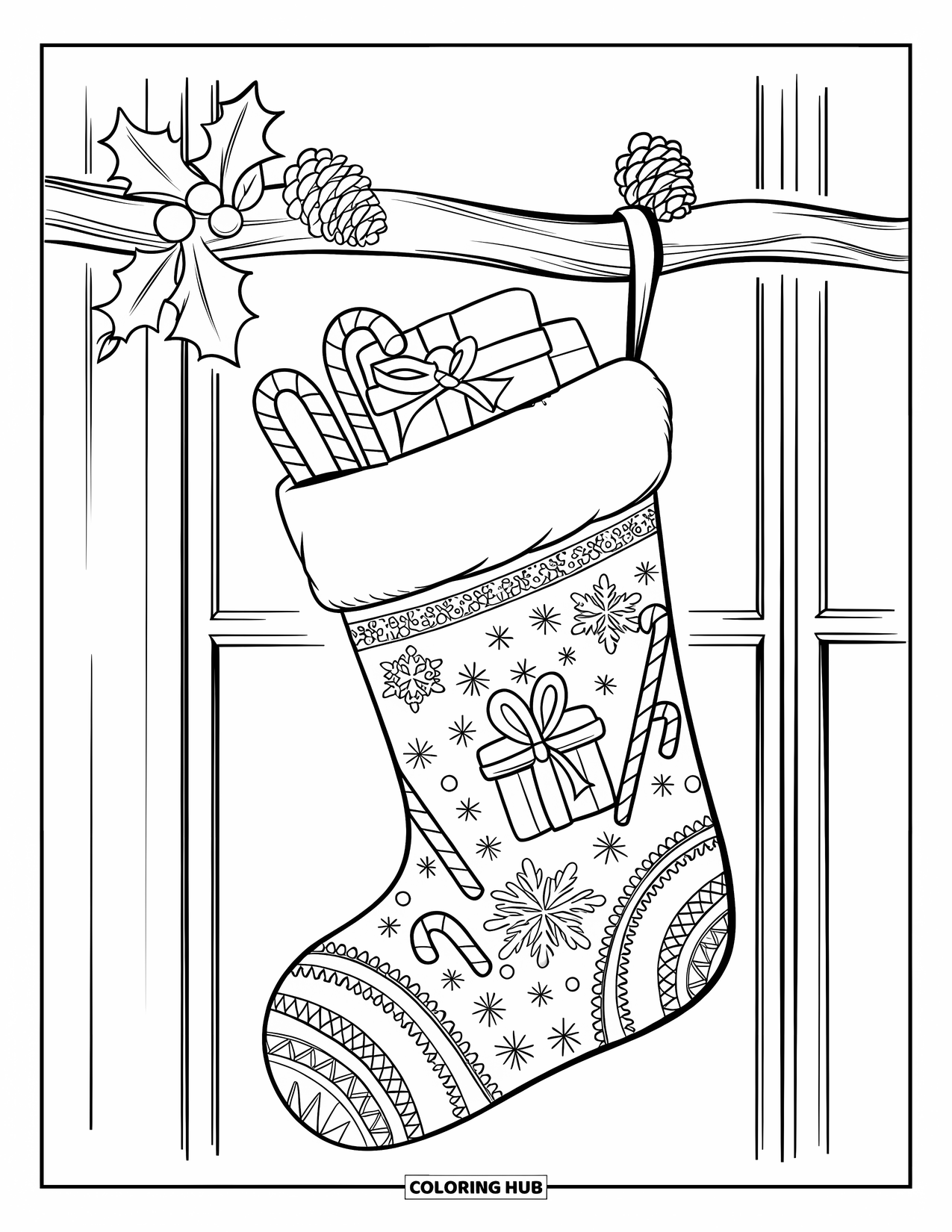 Christmas Stocking Coloring Page for Kids: A stocking full of candy canes and gifts hangs near a window