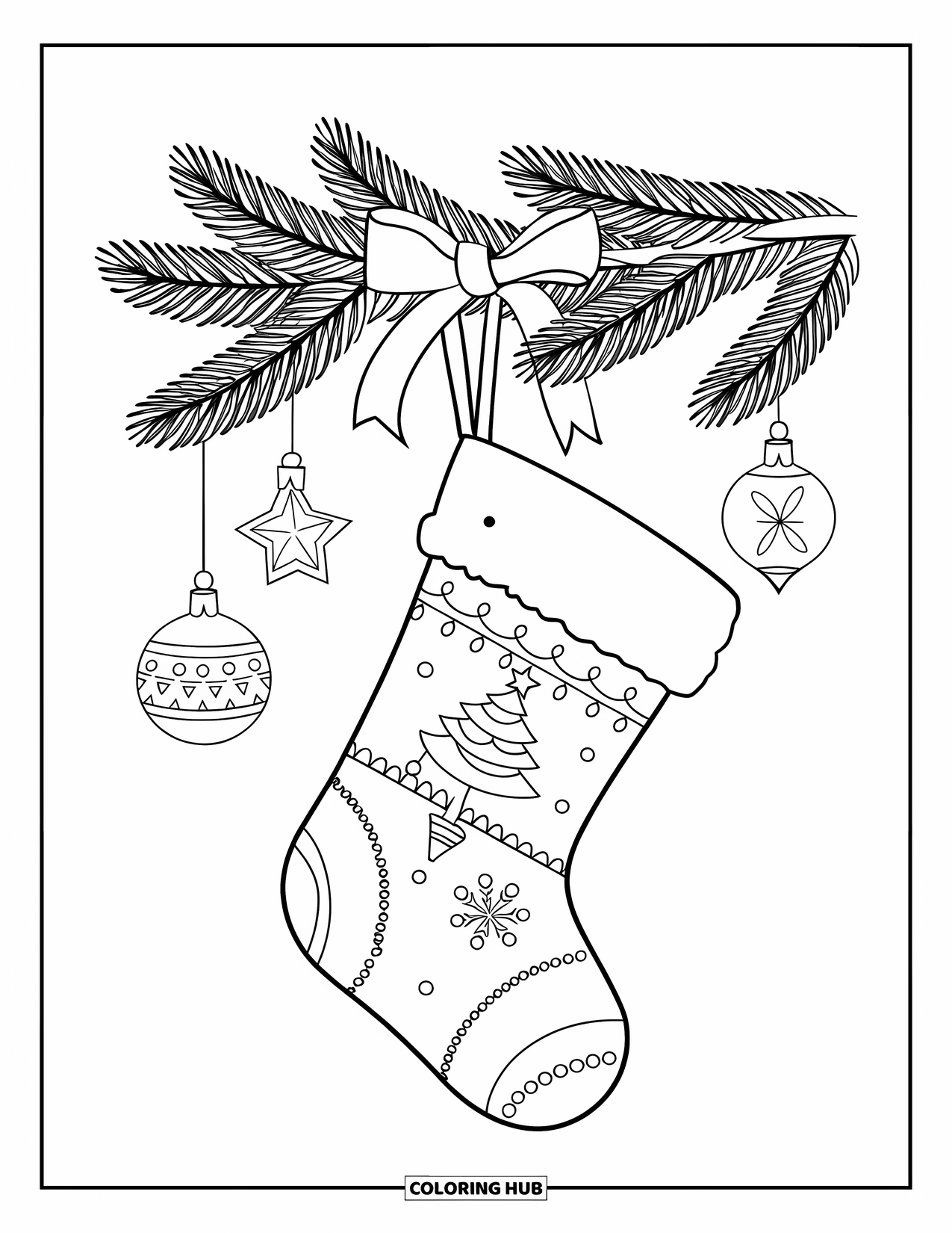 Christmas Stocking Coloring Page for Kids: A stocking hangs from a branch with ornaments and a star