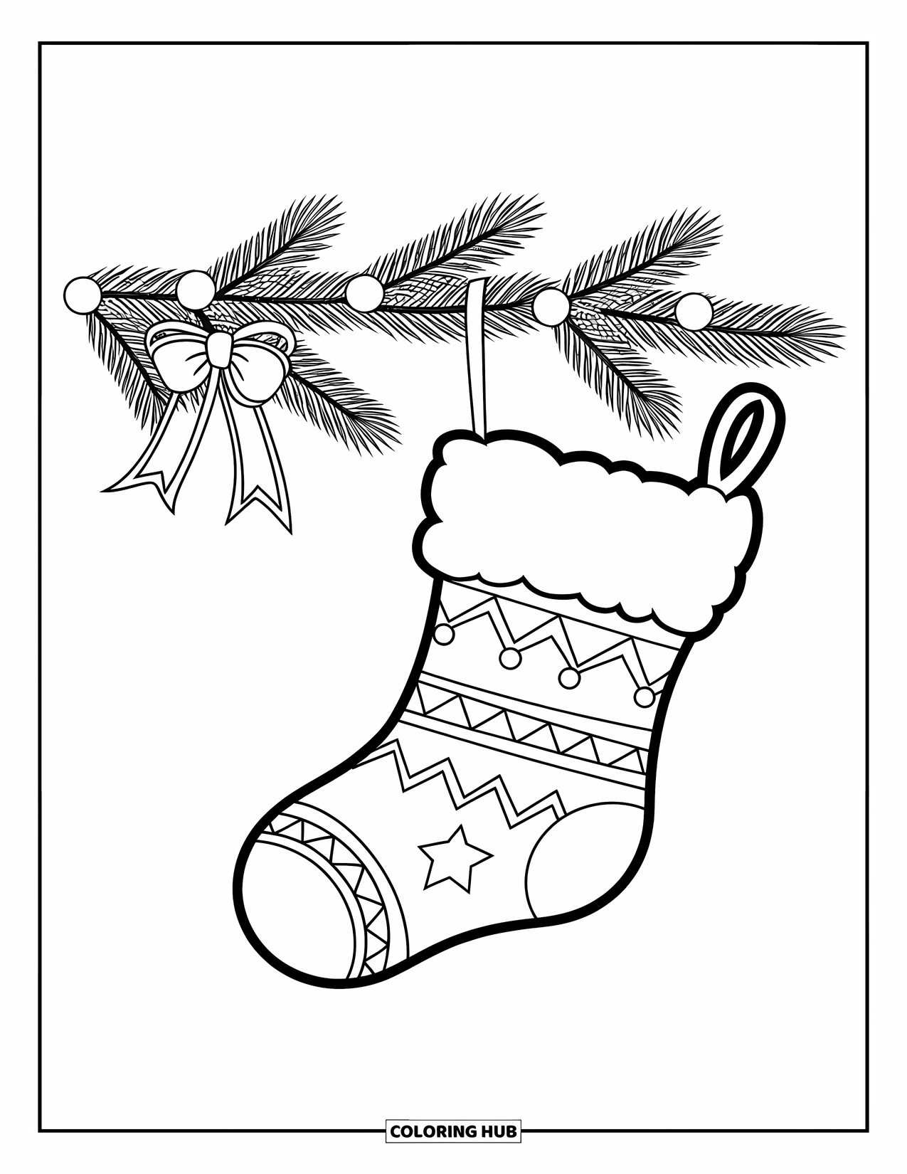 Christmas Stocking Coloring Page for Kids: A stocking hangs from a decorated tree branch with a bow