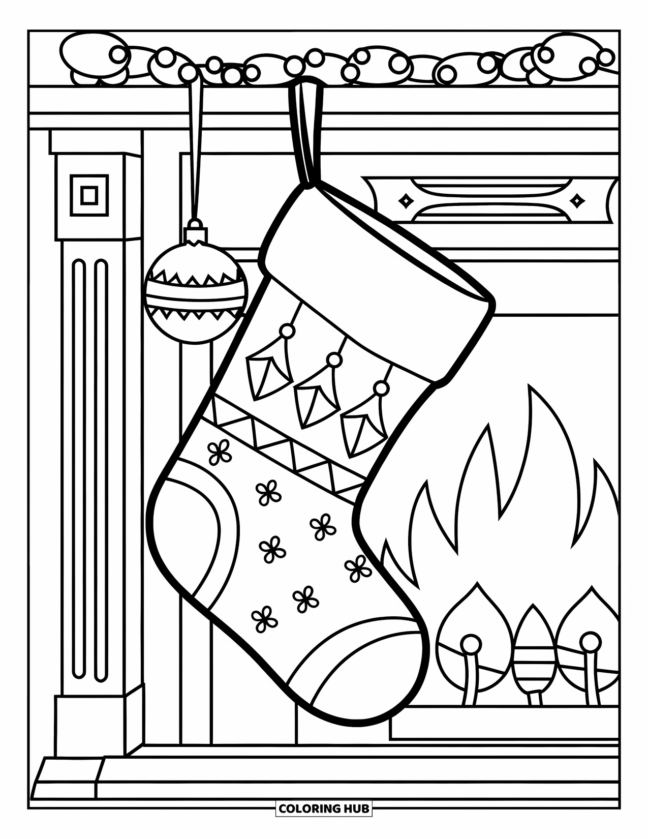 Christmas Stocking Coloring Page for Kids: A stocking hangs on a fireplace with a single ornament beside it