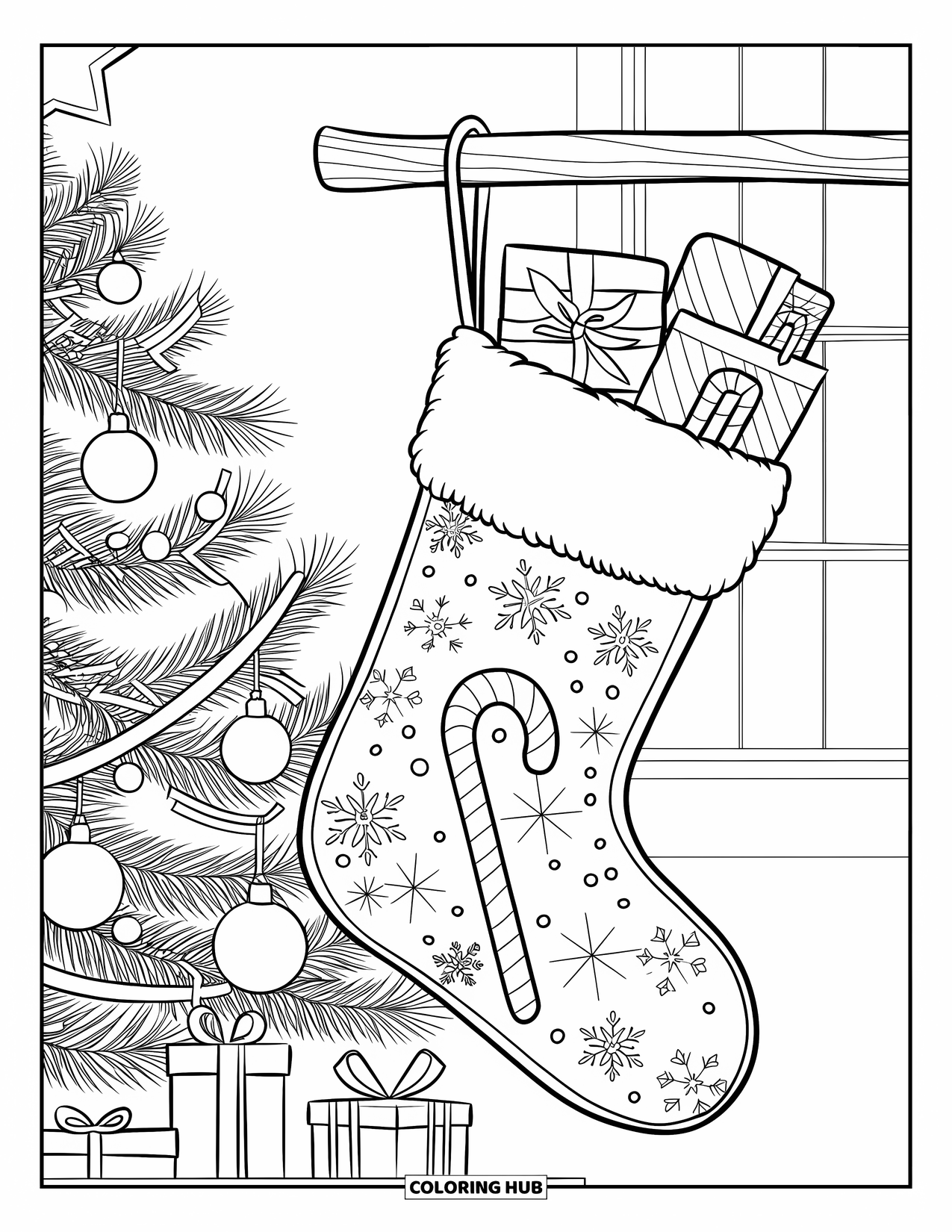 Christmas Stocking Coloring Page for Kids: A stocking of candy canes and gifts hangs beside a decorated tree